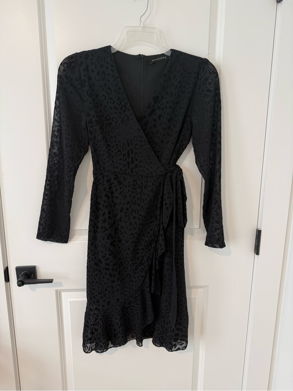 Black Long-Sleeve Wrap Dress with Subtle Animal Jacquard